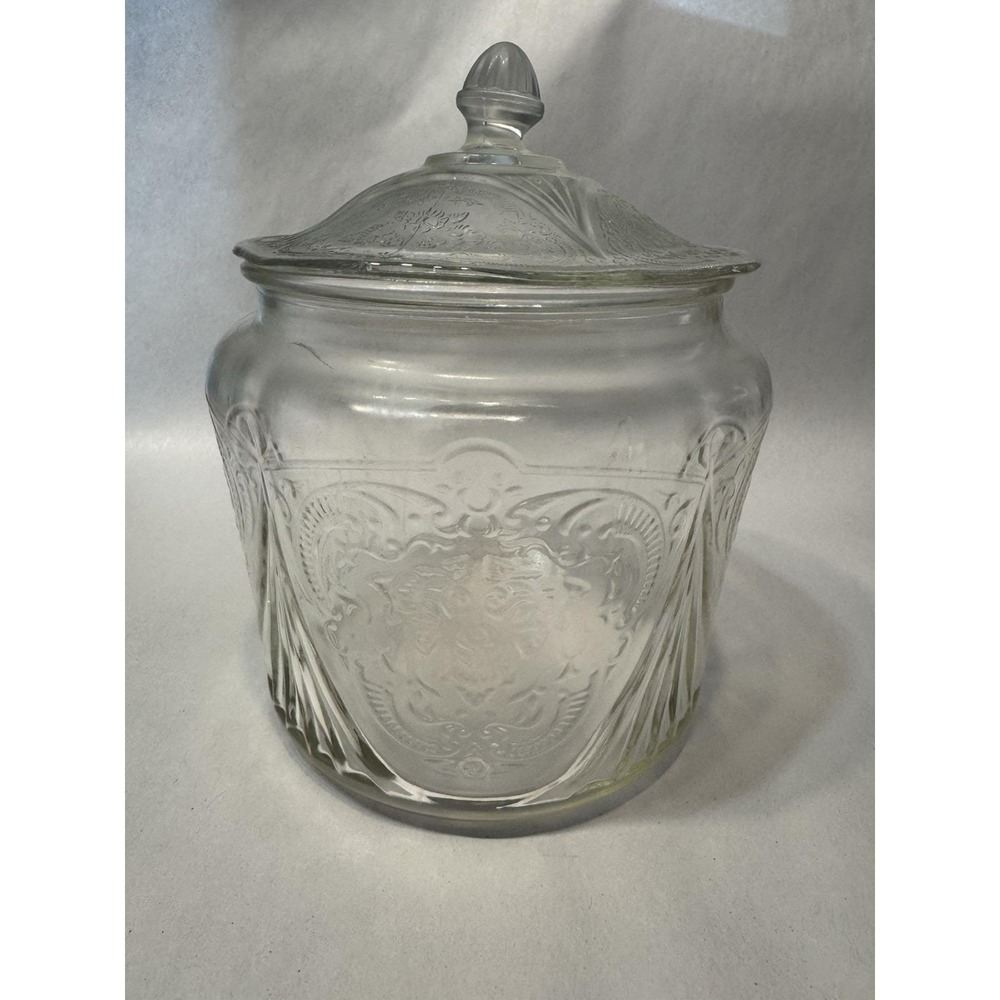 Hazel Atlas Royal Lace Clear Depression Glass Cookie Biscuit Jar w/Lid 1930s VTG